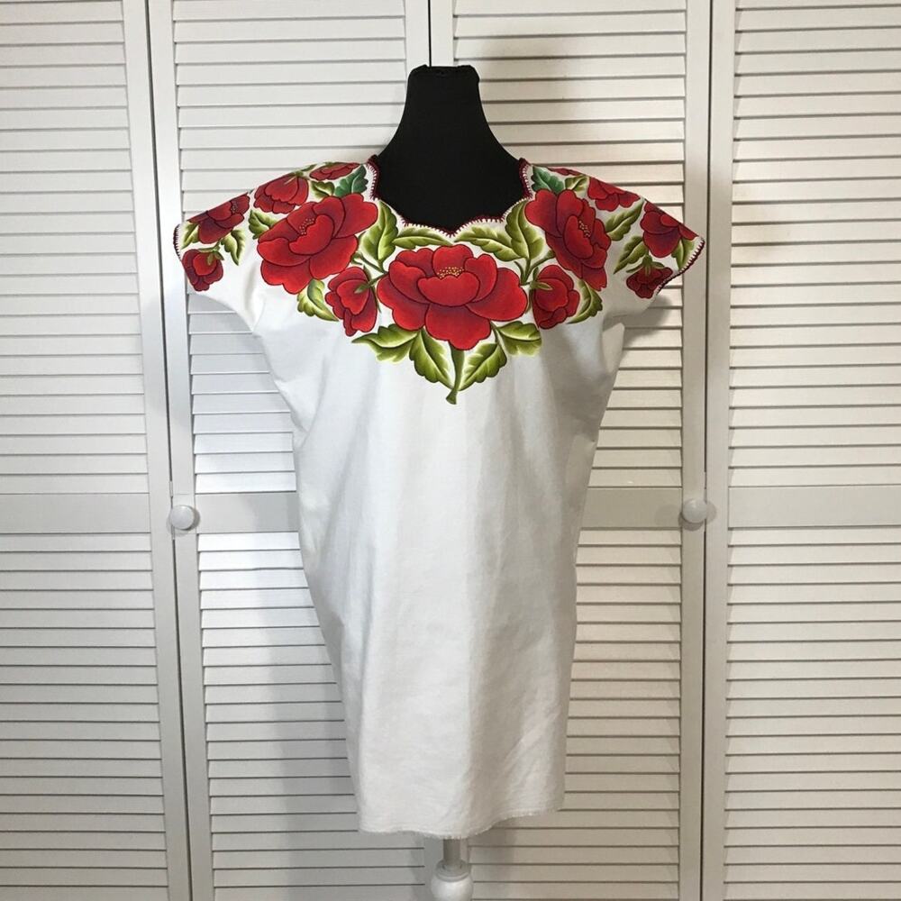 Traditional Mexican Hand Red Rose Floral Bohemian White Blouse Huipil